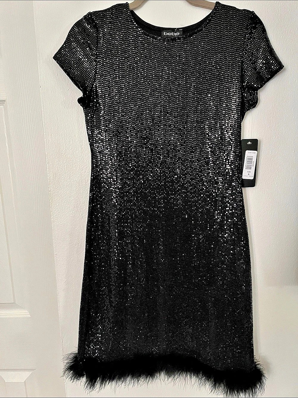 bebe Sequin Feather Hem Mini Dress in Black Size Small NWT
